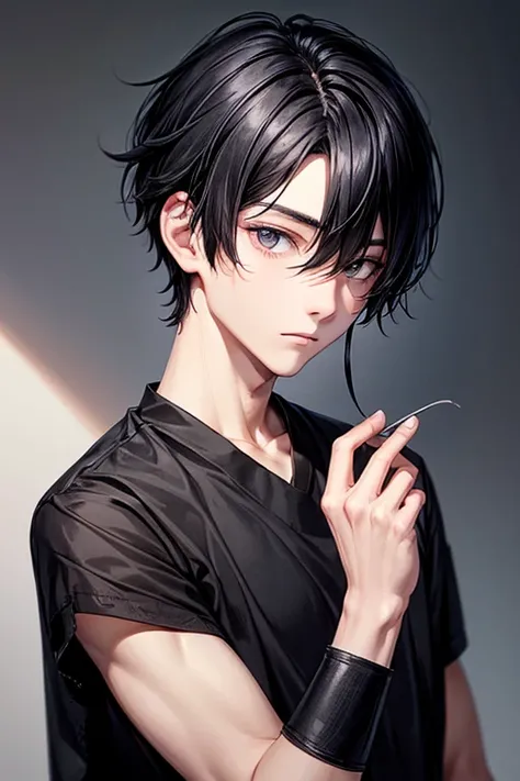 1 boy, short black hair (with two longer strands on both sides of the face), black eyes, black clothes