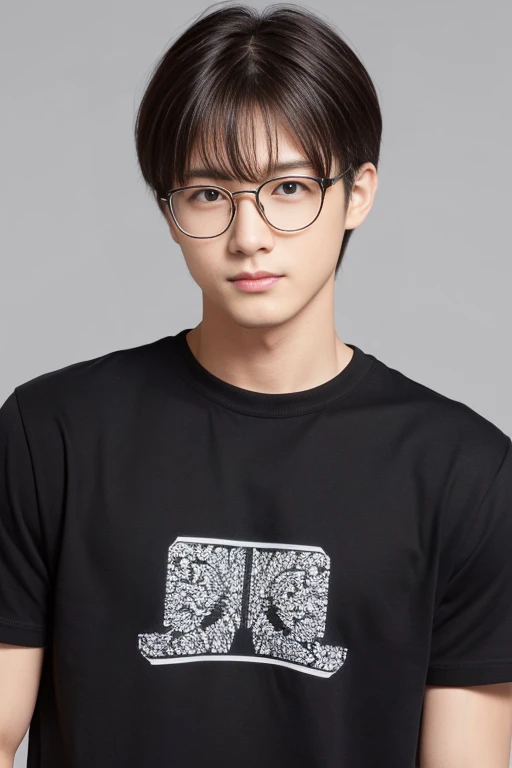 black casual shirt　without background　Classic glasses　Hairstyle divided into centers　age 20s　jpn　male people　Refreshing japanese smile