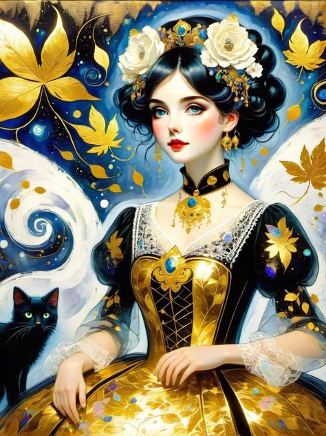 (Gold Leaf Art Style:1.6), gothic lolita, cute, 1girl, solo, full body, black sofa, black dress, absurdres, white lace, ((Marc Chagall style)), magical naive art, primitivism, protogenes, (Higher detail), (gold leaf art:1.5), Best quality, masterpiece, 8k