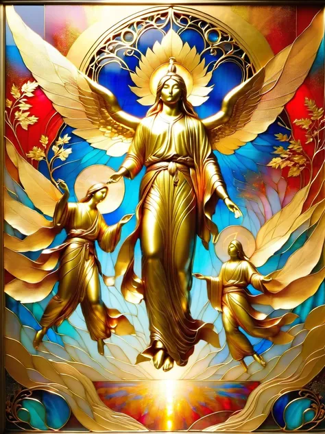 (Gold Leaf Art:1.6), Intricately designed gold leaf art glass windows，Full of red，blue，and golden hues，Gold leaf art brings religious imagery to life，The windows are bathed in soft golden sunlight，Create an ethereal atmosphere around，The presence of figure...