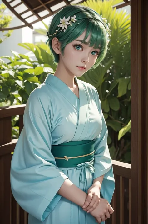 green hair　short hair　Big green eyes　Baby-faced beauty　２０age　flower hair ornament　Light blue yukata　live-action