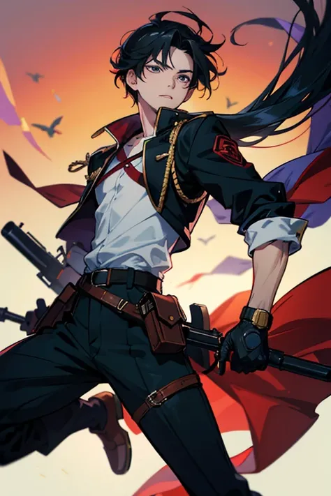 An anime boy equipped with revolutionary modern weapons and fighting