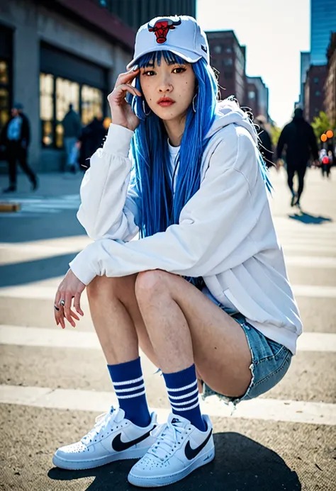 blue hair。Best Anamorphic Lens Photography 50mm Lens Freckled Woman。In the background, the morning sun shines on her hair.、background is blurry。Hip-hop fashion。fashionable。Air Force Nike sneakers。The whole body is shown。Slender。He&#39;s wearing a Chicago B...