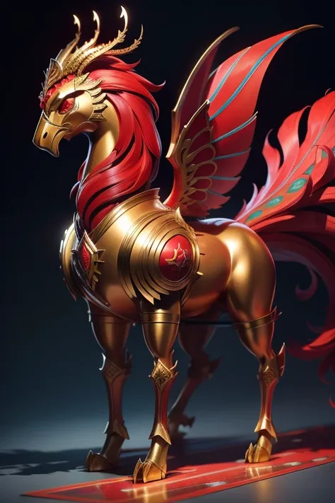 red lion, with golden armor, with long red peacock tail feathers, walking on all four