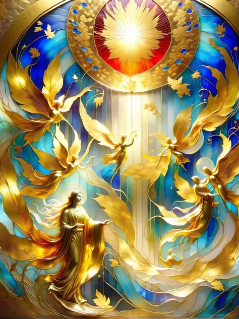 (Gold Leaf Art:1.6), Intricately designed gold leaf art glass windows, Full of red, blue, and golden hues, Gold leaf art brings religious imagery to life, The windows are bathed in soft golden sunlight, Create an ethereal atmosphere around, The presence of...