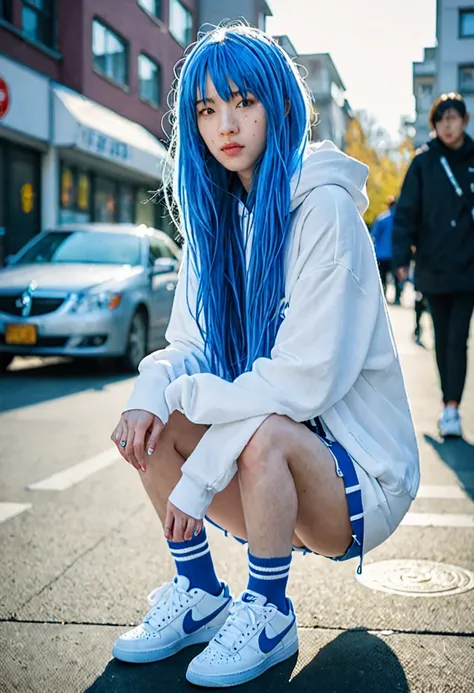 blue hair。Best Anamorphic Lens Photography 50mm Lens Freckled Woman。In the background, the morning sun shines on her hair.、background is blurry。Hip-hop fashion。fashionable。Air Force Nike sneakers。The whole body is shown。Slender。The hood is covered with a h...