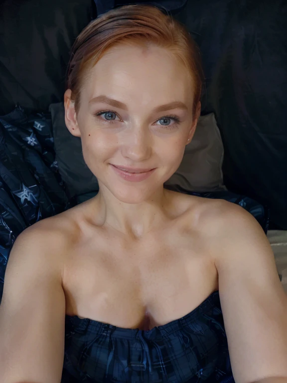  ((best quality)), ((masterpiece)), (detailed), perfect face ((best quality)), ((masterpiece)), (detailed), perfect face hauntingly beautiful 32 year old slender athletic nude redhead, short hair, small breasts, sultry smile, laying on a dark blue bed with...