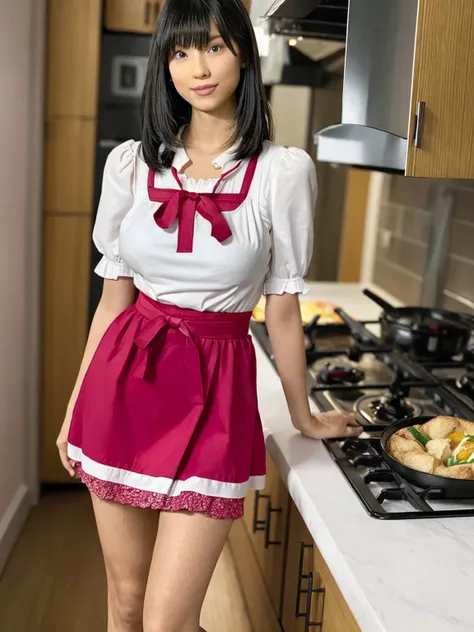 (8K,RAW photo,highest quality,masterpiece:1.8),(looking at the viewer:1.7)erotic,(standing in the kitchen:1.7),(huge breasts:1.8),(Very small waist:1.8),(very thin legs:1.8),(dirndl:1.8)(Enchanted expression:1.9),(one japanese woman:1.9),(curby body:1.7)