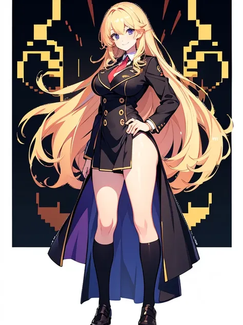 Pixel art, masterpiece, pix, daughter,uniform,Long golden hair，whole body， smile, JK,high school girl、 Sexy movie anime style, big breasts,