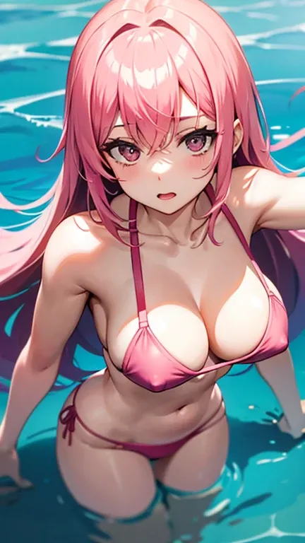 single perverted big thighs pink hair big breasts girl in small bikini in the sea