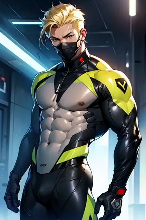 man, masculine man, blonde hair, muscular man, futuristic clothes, tight suit, black suit, military suit, charming, bare chest, bare chest, abs, black mask