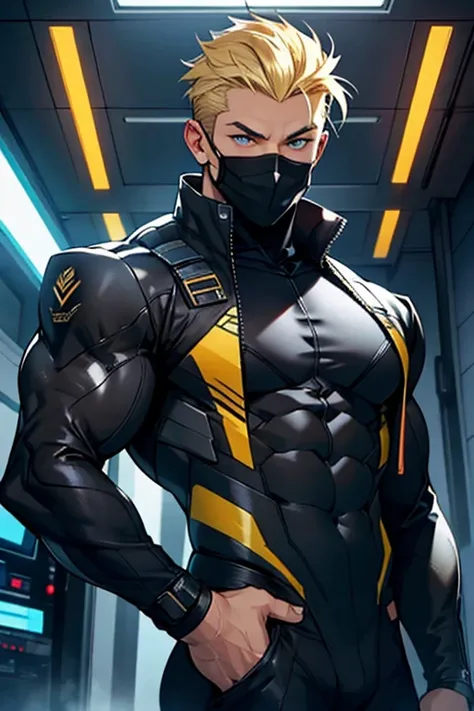 man, masculine man, blonde hair, muscular man, futuristic clothes, tight suit, black suit, military suit, charming, bare chest, bare chest, abs, black mask