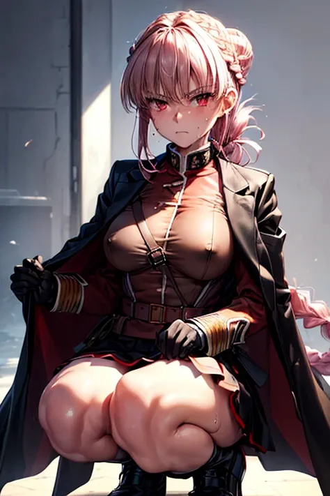 masterpiece,best quality,high resolution,8k,(perfect face:1.3),(megami magazine:1.2),perfect body,full body(FGO:1.5),(light pink single braid a bun hair:1.3),red eyes,1woman,pale skin,(fighter:1.3),large breasts,large ass,small nipples,(clothed:1.5),(red m...