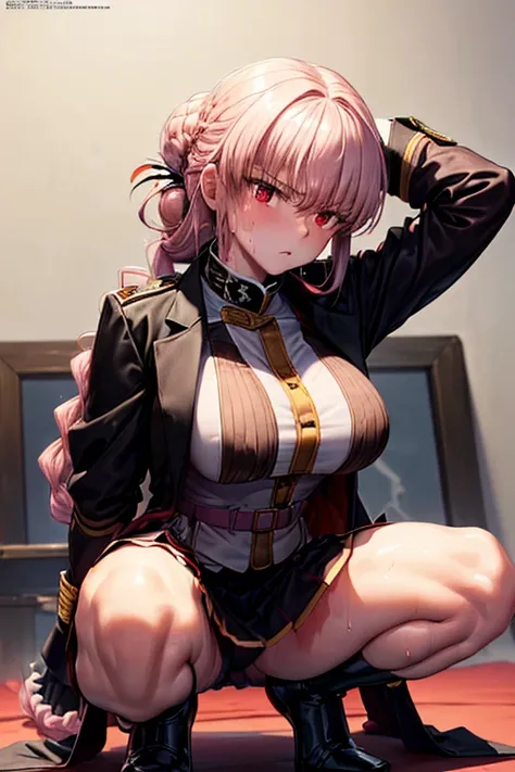 masterpiece,best quality,high resolution,8k,(perfect face:1.3),(megami magazine:1.2),perfect body,full body(FGO:1.5),(light pink single braid a bun hair:1.3),red eyes,1woman,pale skin,(fighter:1.3),large breasts,large ass,small nipples,(clothed:1.5),(red m...