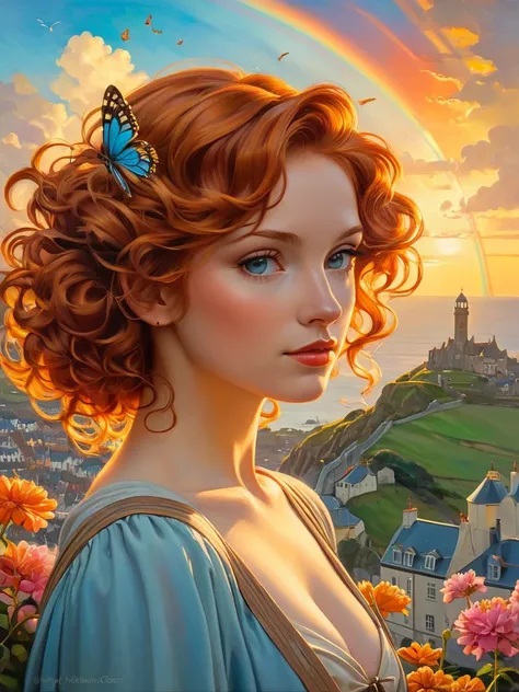 A breathtaking photorealistic oil painting by Greg Rutkowski, inspired by Alphonse Mucha and the Studio Ghibli aesthetic, capturing a beautiful British woman with short, curly ginger hair. She stands atop a hill, gazing at the picturesque Cornwall city bel...