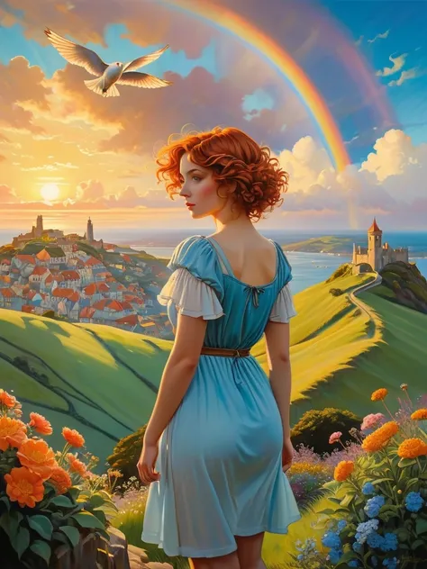 A breathtaking photorealistic oil painting by Greg Rutkowski, inspired by Alphonse Mucha and the Studio Ghibli aesthetic, capturing a beautiful British woman with short, curly ginger hair. She stands atop a hill, gazing at the picturesque Cornwall city bel...