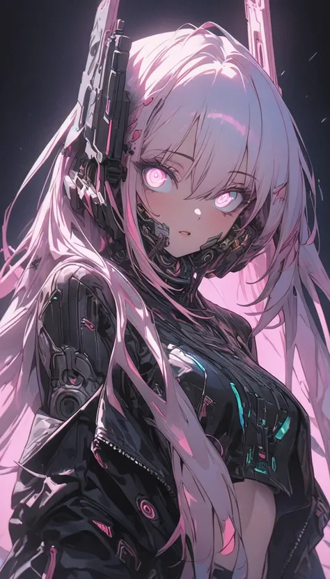 (highest quality、masterpiece、High resolution、detailed)anime style、flat style、(Shining eyes、detailed美しい顔), BREAK,dark_fantasy, cyber punk, (gun, 1.1), 1 person, Wonders of the machine, Robotic presence, Cybernetics Guardian, green, 8K, simple background, BR...