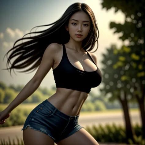 Best picture quality, Masterpiece, Ultra high resolution 8K, photograph, 1 Asian girl gets a beauty makeover, her long hair blows in the wind. The sun shines on her beautiful, realistic face and her six-pack abs are outstanding. Very large breasts, promine...