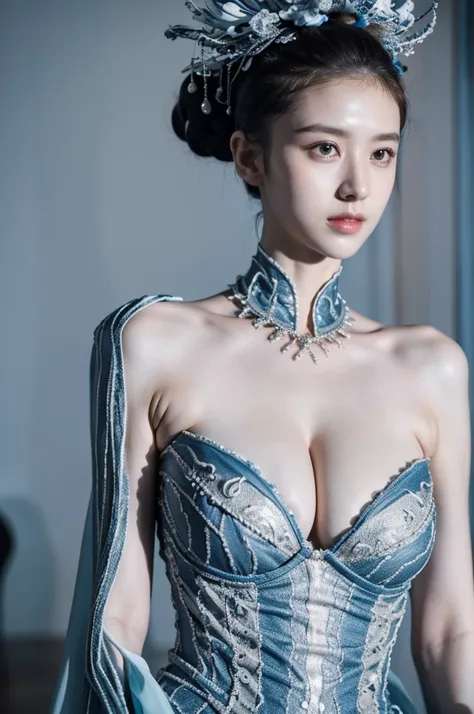 Clothing creative fashion design，Iris van Herpen designer style，Marine life curve，Sense of lines，bone structure，Symmetrical design，Blue and white lines，Highlight sexiness，Japanese model，big breasts，Most popular。