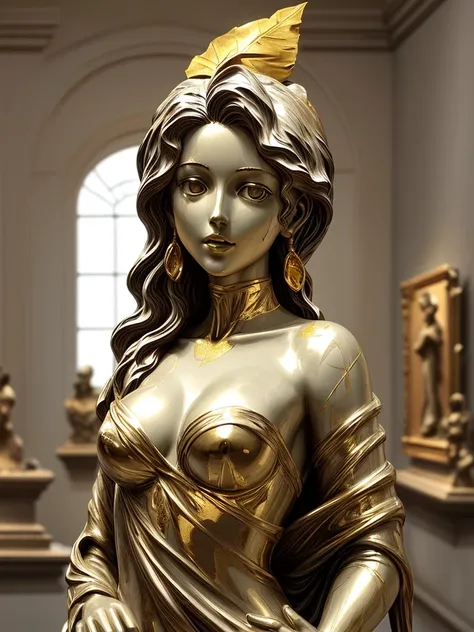 Gold Leaf Art statue of a beautiful female bust, bust only, mid-body only, in museum, marble in backround, details