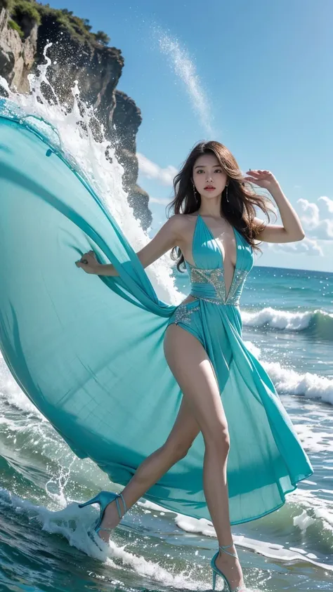 highest quality,masterpiece,ultra high resolution,(actual:1.4),original photo,ultra high resolution，8K，There is a woman，Fair skin，exquisite makeup，Big waves，turquoise dress，high heels，long legs，Bright and beautiful，sexy random poses，Lively poses，