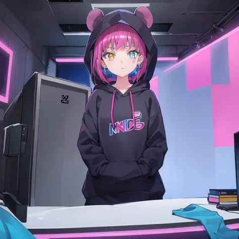 Mika Picasso, 1 girl, blue eyes, Blue hoodie, computer, earrings, hood, hoodie, jewelry, keyboard (computer), logo, logo Parody, mouse(computer), multicolored eyes, pink hair, trash can, alone, white background, yellow eyes, ,