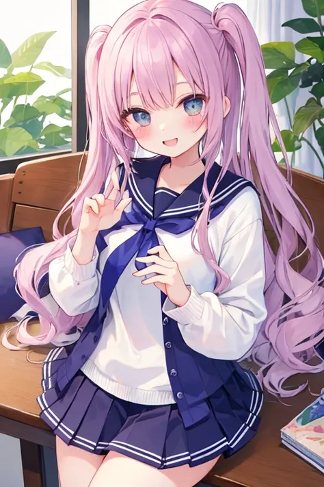 beautiful illustrations, highest quality, pretty girl,beautiful girl、clear face、 half girl、pastel colour 、blush、perfect hands、five fingers、thighs、(perfect face:1.1), smile、sailor suit、uniform、skirt