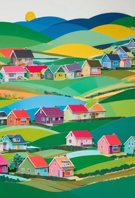 Pictures of colored paper cut into strips and pasted together, suburban villages and fields,