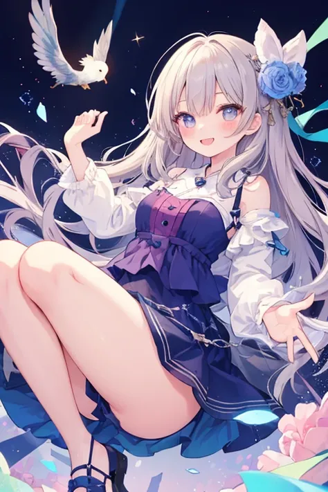 beautiful illustrations, highest quality, pretty girl,beautiful girl、clear face、 half girl、pastel colour 、blush、perfect hands、five fingers、thighs、(perfect face:1.1), smile、between legs、skirt、girl jumping、butt