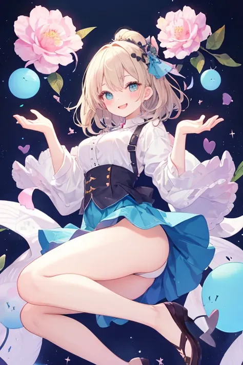 beautiful illustrations, highest quality, pretty girl,beautiful girl、clear face、 half girl、pastel colour 、blush、perfect hands、five fingers、thighs、(perfect face:1.1), smile、between legs、skirt、girl jumping、butt