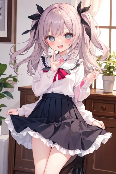 beautiful illustrations, highest quality, pretty girl,beautiful girl、clear face、 half girl、pastel colour 、blush、perfect hands、five fingers、thighs、(perfect face:1.1), smile、between legs、skirt、girl jumping、butt