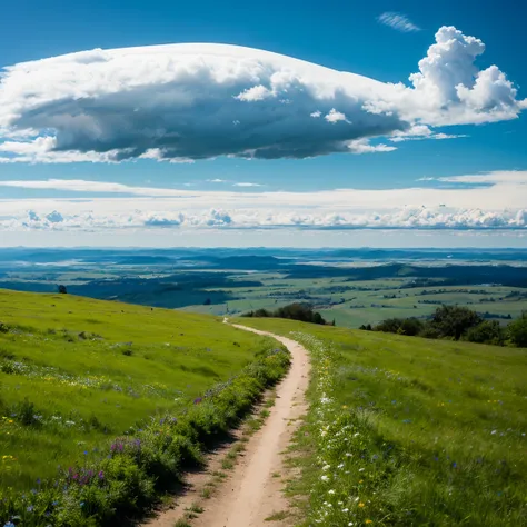 A single road across a beautiful, vast plain, Lush, flower, earth, horizon, cumulonimbus, Blue sky