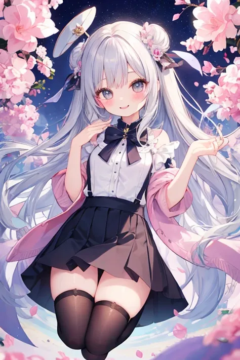 beautiful illustrations, highest quality, pretty girl,beautiful girl、clear face、 half girl、pastel colour 、blush、perfect hands、five fingers、thighs、(perfect face:1.1), smile、between legs、skirt、girl jumping、butt