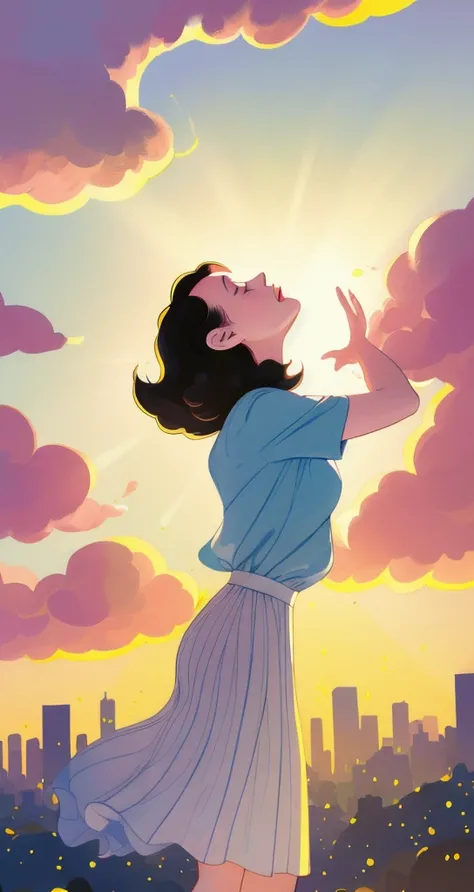 estilo meninas superpoderosas, illustration of a girl floating in the sky, tissue, cabelo flutuante, fechar-se, soft, warm lighting, Sunset, nuvem, nuvemy sky, (sparks:0.7), (light particles:1.1), volumetric lighting, presumptuous, sorriso pretensioso