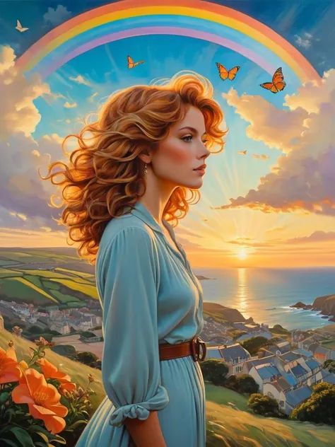 A breathtaking photorealistic oil painting by Greg Rutkowski, inspired by Alphonse Mucha and the Studio Ghibli aesthetic, capturing a 20 yo beautiful British [woman:Farah Fawcett:0.1] with short, curly ginger hair. She stands atop a hill, gazing at the pic...