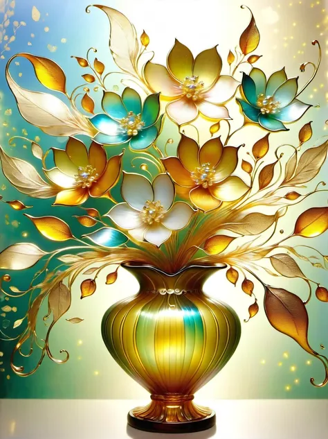 (Gold Leaf Art:1.6), A delicate vase made of artistic Murano glass with gold leaf，Various shades of gold foil colors shimmer in the golden morning sun，The beautiful pattern on the vase is like the graceful curves of gold foil，Like a melody in a dance，(The ...