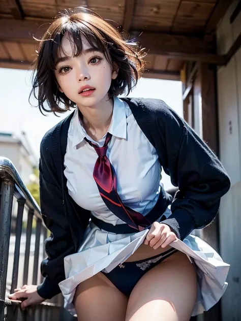 ((SFW、master piece、best quality、muste piece、highest quality、highest level、Highest image quality))、(Magazine Cover)、(1 Asian Woman)、Boyish 18 year old woman、beautiful brown short cut hair、intense black eyes、strong eye highlights、very big breasts、lip gloss、(...