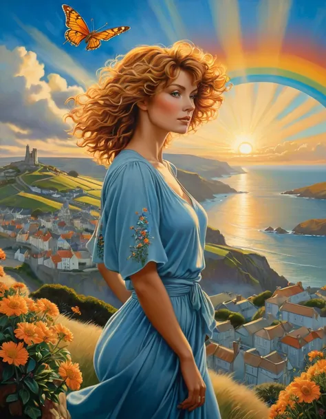 A breathtaking photorealistic oil painting by Don Lawrence, inspired by Alphonse Mucha and the Studio Ghibli aesthetic, capturing a beautiful British [woman:Farah Fawcett:0.1] with short, curly ginger hair. She stands atop a hill, gazing at the picturesque...