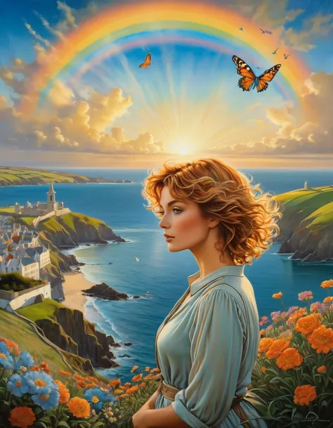 A breathtaking photorealistic oil painting by Don Lawrence, inspired by Alphonse Mucha and the Studio Ghibli aesthetic, capturing a beautiful British [woman:Farah Fawcett:0.1] with short, curly ginger hair. She stands atop a hill, gazing at the picturesque...