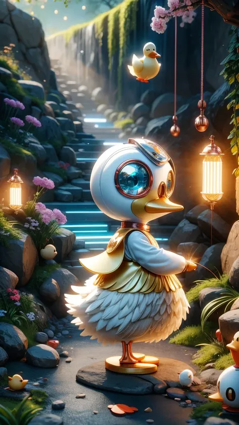 Pixar style, (Blind box toy style:1.2), Cute mechanical duck wearing clothes，透明发Light，霓虹灯Light，High precision mechanical parts，Its body is made of high-quality copper and silver.，眼睛像两颗发Light的宝石，Clean, White background, (global illumination, Light线追踪, high ...