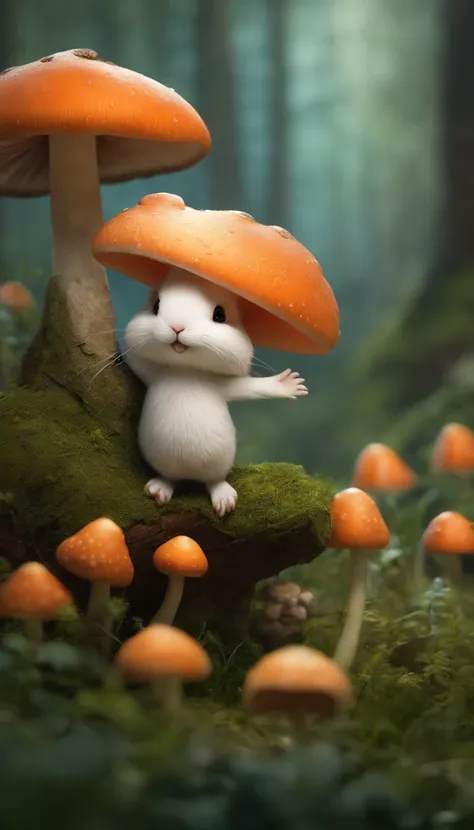 cute creature，Similar to a mix of rabbit and carrot, Lovely, solution, hairy, Vague, forest, mushroom, 戴上mushroom帽