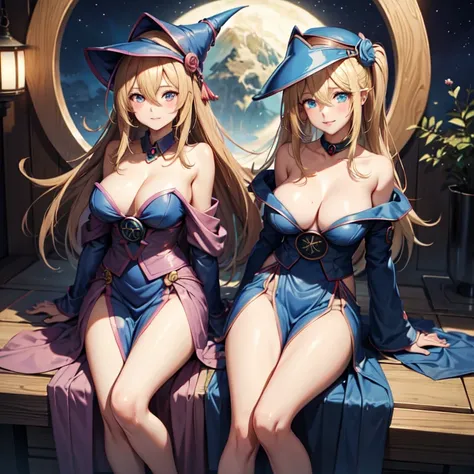 master piece,best quality,ultra detailed,8k,
natural light,realistic skin,glossy skin,
（dark magician girl, duel monster, blush stickers, blonde hair, green eyes, long hair, breasts, blush, bangs, large breasts, hair between eyes, pentacle, pentagram, hat,...