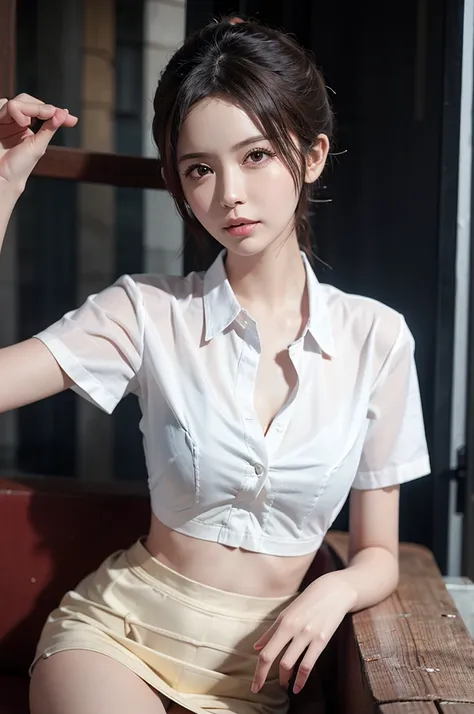 Highest image quality,High quality,realistic,18 year old Japanese woman,body like a model,A white shirt that clings to the body,exposed chest,Resort Balcony