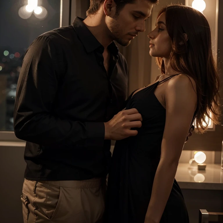 A heterosexual couple staying in a luxurious apartment, behind the window with a beautiful view of the city of Campina Grande at night, at Açude Velho. The man is tall, magro, tem cabelos preto e grande, ondulados e veste camisa preta. The woman is a redhe...