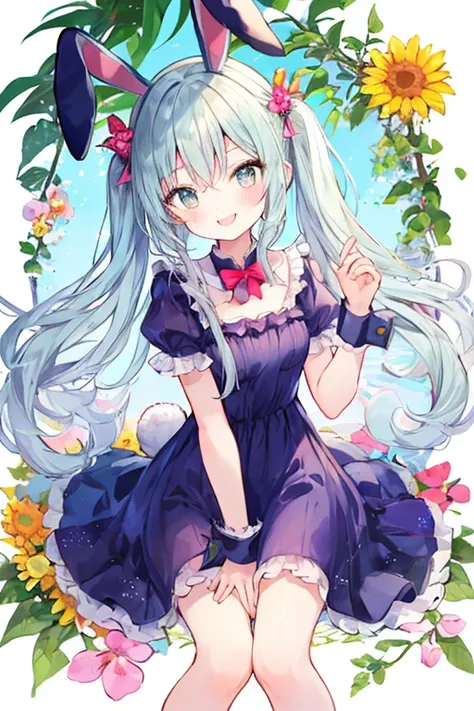 beautiful illustrations, highest quality, pretty girl,beautiful girl、clear face、 half girl、pastel colour 、blush、perfect hands、five fingers、thighs、(perfect face:1.1), smile、between legs、butt、rabbit ears、rabbit ears、