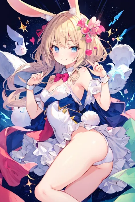 beautiful illustrations, highest quality, pretty girl,beautiful girl、clear face、 half girl、pastel colour 、blush、perfect hands、five fingers、thighs、(perfect face:1.1), smile、between legs、butt、rabbit ears、rabbit ears、