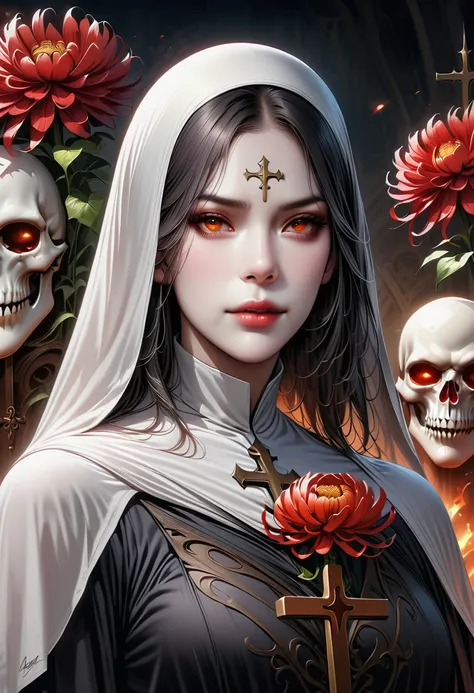 (best quality,4K,8K,high resolution,masterpiece:1.2),ultra-detailed,(realistic,photorealistic,photo-realistic:1.37),Giant cross:1.37,nun,Nun and the Skeleton Godfather in the church,bloody,red lily,red chrysanthemum,flame,light, glowing eyes