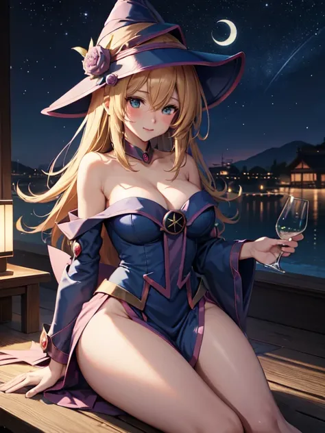 master piece,best quality,ultra detailed,8k,
natural light,realistic skin,glossy skin,
（dark magician girl, duel monster, blush stickers, blonde hair, green eyes, long hair, breasts, blush, bangs, large breasts, hair between eyes, pentacle, pentagram, hat,...