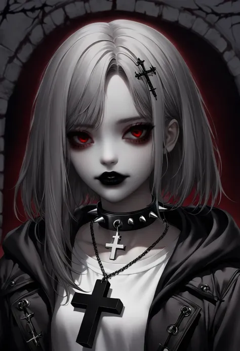 1 girl, black collar,  Gothic, zombie atmosphere, black lips, collar, collar, cross, cross necklace, gray hair, hair accessories, hairpin, have, hood, inverted cross, Jacket, jewelry, lipstick, looking at the audience, cosmetic, Medium long hair, necklace,...