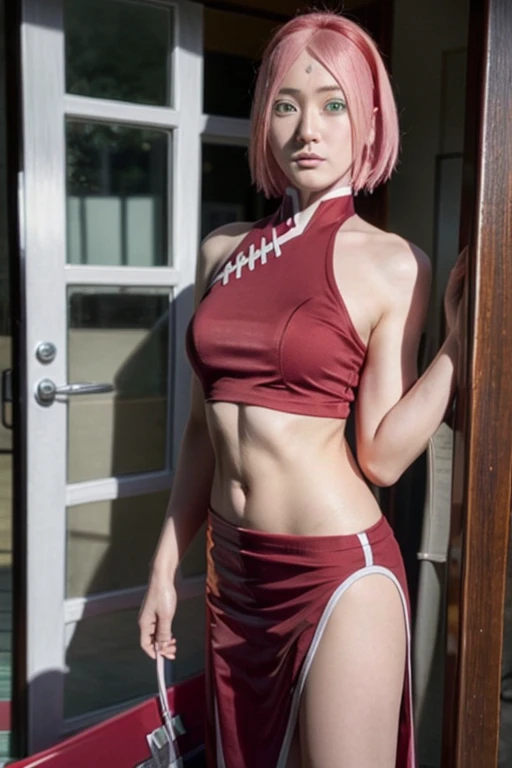 Real life adaption of this character,Asian teen beauty , realistic same hair, realistic outfit, realistic light, realistic shadow, hyper realistic, realism, realistic background,(photorealistic:1.2),green eyes color. Sakura / Sakura Haruno (Sakura Haruno) ...